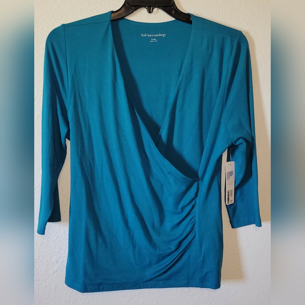 NWT Soft Surroundings Alyssa Knit Top Blue Overlap Size XL Pima Long 3/4 Sleeve - Picture 2 of 6